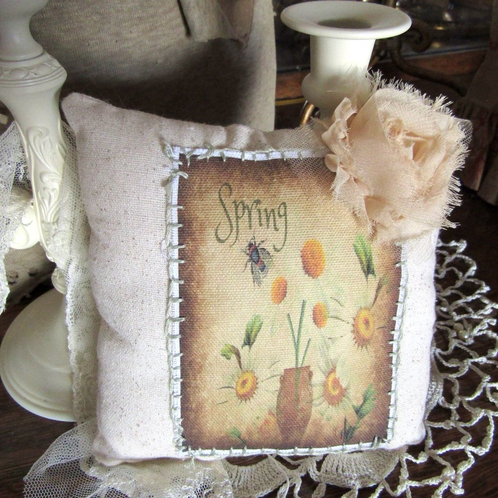 Handmade Spring Pillow, Fabric Tag, Sheer Flower